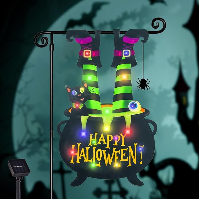 Halloween Lighted Garden Flag for Outside, Led Solar Yard Flag 8 Modes Witch Feet Shape Flag, 12x18 Double Sided Cauldron Eyeball Black Cat Decorations for Home Porch