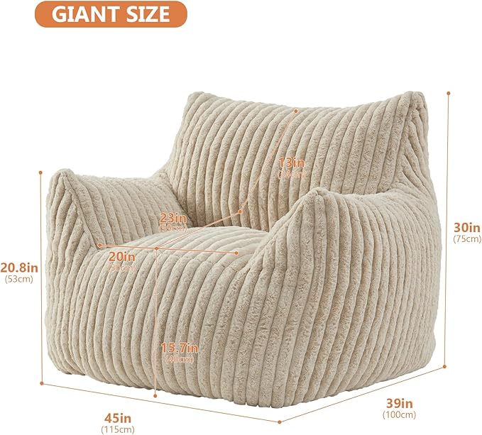 Giant Bean Bag Chairs for Adults with Filling Plush Fluffy Bean Bag Chairs for Teens with Armrests Comfy BeanBag Lazy Couch Sofa Chair for Bedroom Living Room Reading