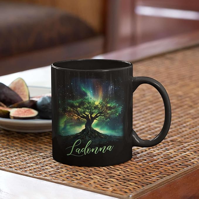 Custom Unique Name Coffee Cup, Customized Mystical Nature Inspired Mug 11oz 15oz, Personalized Enchanted Tree With Northern Lights Ceramic Cup, Nature Black Mug, Gift For Women Men