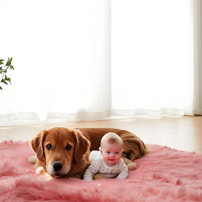AMTOVO Faux Fur Sheepskin Rug for Living Room, 4 x 6 ft Blush Pink Fluffy Area Rug for Bedroom, Playroom, Luxury Room Decor, Rectangle