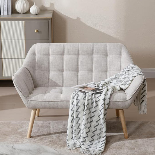 48”Small Loveseat Sofa, Modern Linen Upholstered Mini Couch 2-Seater Fluffy Love Seat with Quilting Backs and Wood Legs for Small Space Living Room, Bedroom, Beige