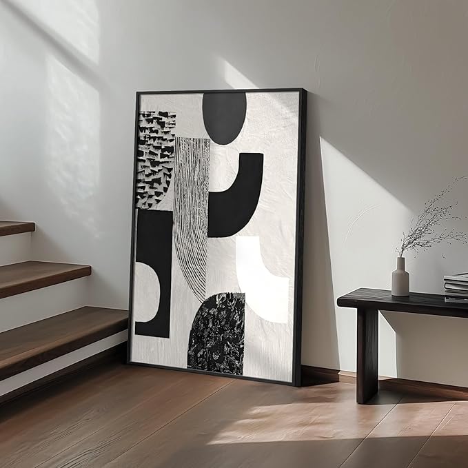 Framed Black and White Abstract Wall Art, Modern Minimalist Canvas Prints Paintings Artwork for Walls, Geometric Pictures for Living Room Dining Room Bedroom Office Bathroom Wall Decor 24x36 In