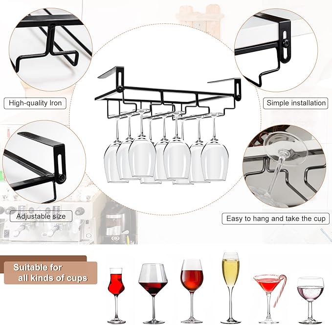 AUHOKY 2Pcs Adjustable Wine Glass Rack Under Cabinet, Punch-Free 3 Rows Stemware Metal Holder, Hanging Glass Storage Hanger Organizer for Shelf Kitchen Bar Decor (3 Rows, Black)