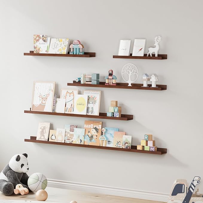 SAUMONIERES Picture Ledge Shelf Floating Book Shelves Set of 2 Wall Mounted Solid Wood for Bedroom Bathroom Living Room Kitchen, 48 Inch Walnut