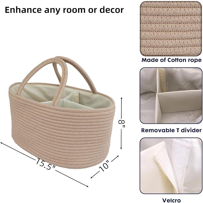 Diaper Caddy Organizer Cotton Rope Baby Basket Nursery Storage and Portable Tote Bag for Car Ideal Baby Shower Gifts and Registry Must-Have for Newborn Essentials Large konjak