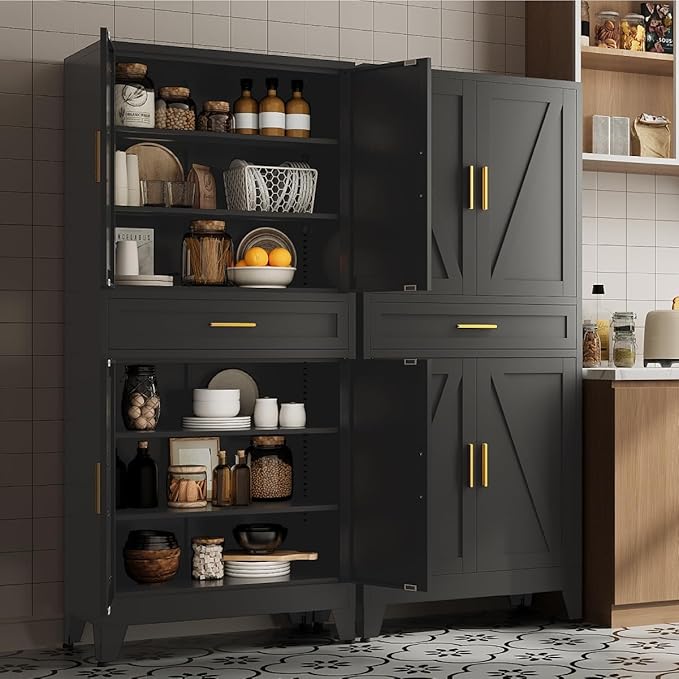 71 "Farmhouse Metal Filing Cabinet with a Drawer and 4 Adjustable Shelves, with 4 Large barn Door White Kitchen Cabinets, Metal Food Cabinets for Home, Kitchen, Dining/Living Room (Black)