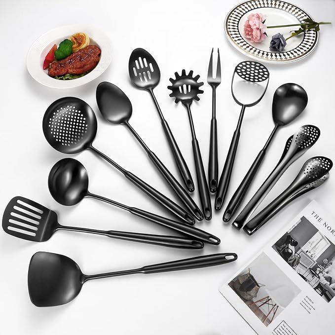 304 Stainlss Steel Matte Kitchen Utensils Set, 12 Pcs Long Metal Cooking Utensil Gadgets Tools Set with Spatula, Ladle, Spoon, Ladle, Skimmer, Tunner, Pasta Server, Tongs(Black, Dishwasher Safe)