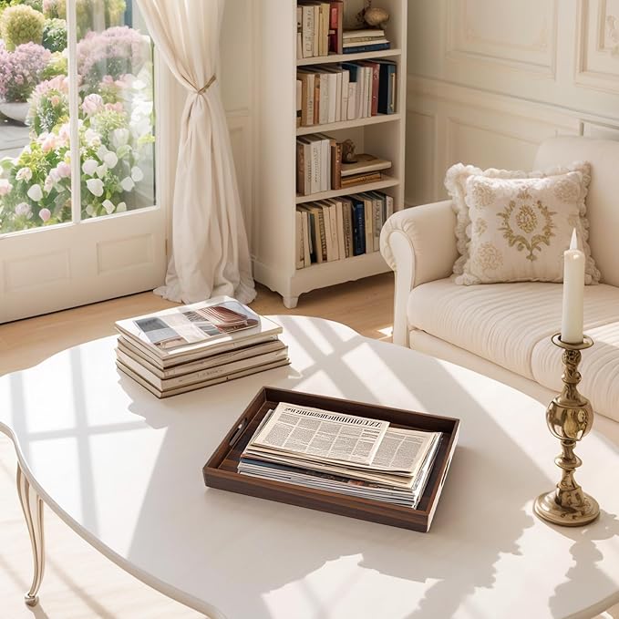 Acacia Wood Serving Tray with Handles, 17 Inch Wooden Tray for Ottoman, Breakfast, Lunch, Dinner, Decorative Rectangular Tray for Living Room, Kitchen Counter, Outdoor