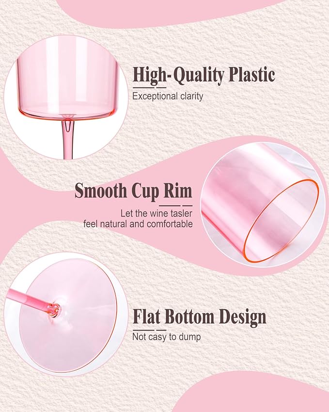 Ciaell 12 Pack Pink Plastic Wine Glasses - 10 Oz Disposable Wine Glasses with Stem for Parties & Weddings & Poolside & Outdoors & Camping