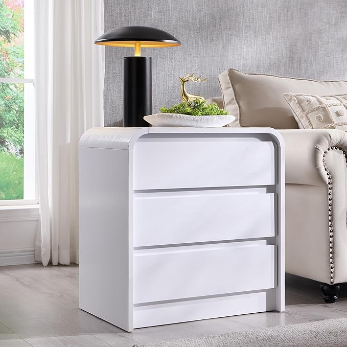25" Tall Modern Nightstand Set of 2, 23.6" Wide Wood Bedside Table with Charging Station, 3 Storage Drawers Side Table w/Curved Profile Design, End Table for Bedroom, White
