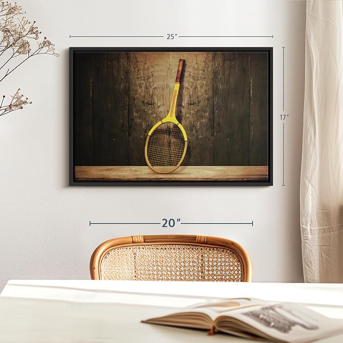 ElephantStock Vintage Tennis Racket Wall Art - Horizontal Framed Canvas - 1-Piece Living Room Wall Decor - Photography Sports Canvas Print - Brown and Black Decor for Wall - 25" X 17"