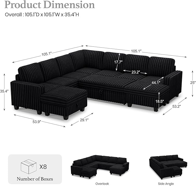 Belffin Oversized Sofa Bed Modular Sectional Sleeper Sofa with Pull Out Bed L Shaped Couch with Storage Chaise Black Couch