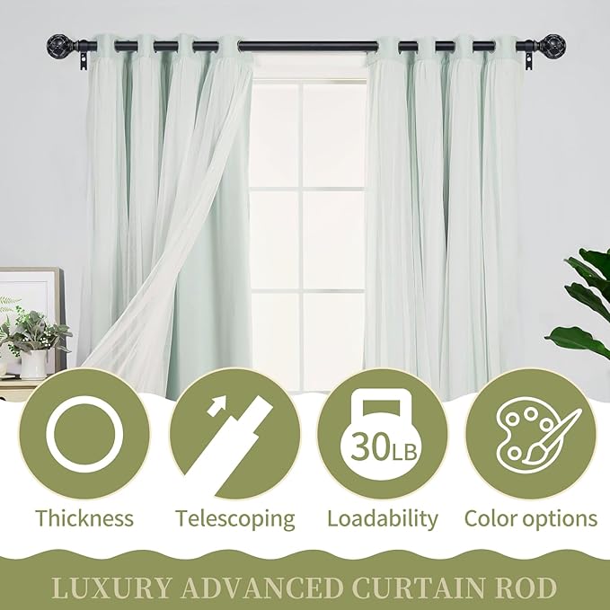 Black Adjustable Curtain Rods for Windows:Farmhouse Heavy Duty Curtain Rod for Bedroom Living Room,Boho Decorative Rustic Drapery Rods with Vintage Coastal Finials,Matte Black 2 Pack 18-45"