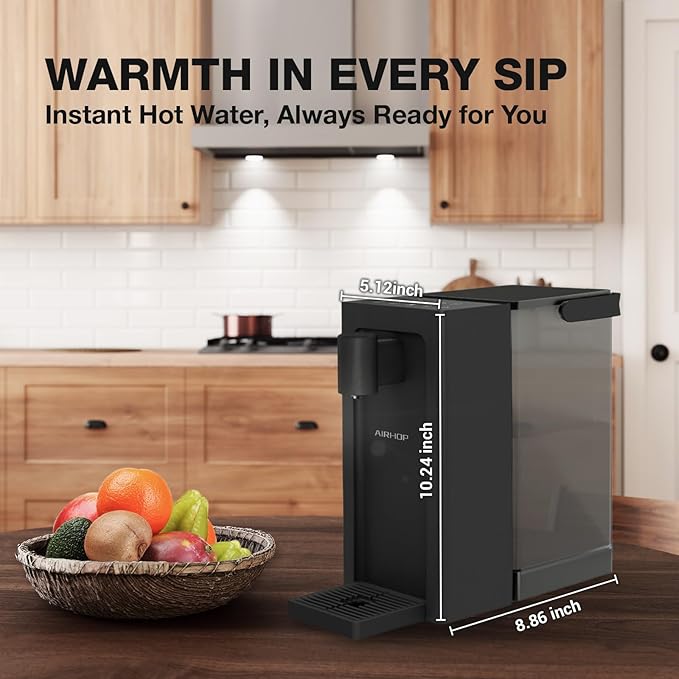 AIRHOP Instant Hot Water Dispenser, Quick Heating Countertop Water Dispenser with Child Locks, Adjustable 5 Temp 3 Water Volume Dispense, 100OZ 3L Removable Tank, Ideal for Home Office Kitchen, Black