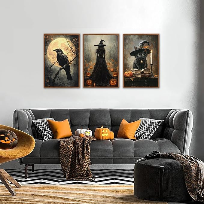 KAIRNE Framed Halloween Canvas Wall Art,Dark Witch Crow Prints,Black Cat Painting,Horror Gothic Pictures Set of 3 (16”X24”),Scary Halloween Wall Decor for Party Living Room Bedroom Office Decoration