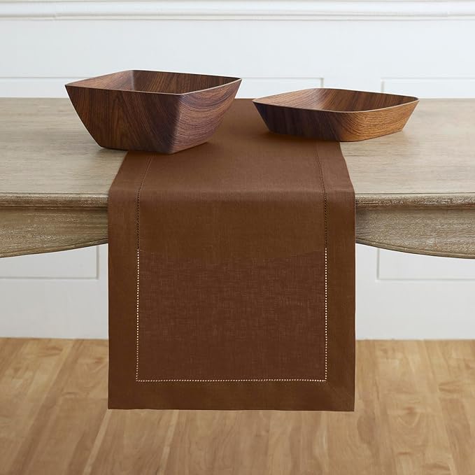 Solino Home Linen Brown Table Runner 60 Inches - Classic Hemstitch, 100% Pure Linen Coffee Table Runner 14 x 60 Inch Ideal for Dresser Tables, Fall, Autumn, Thanksgiving