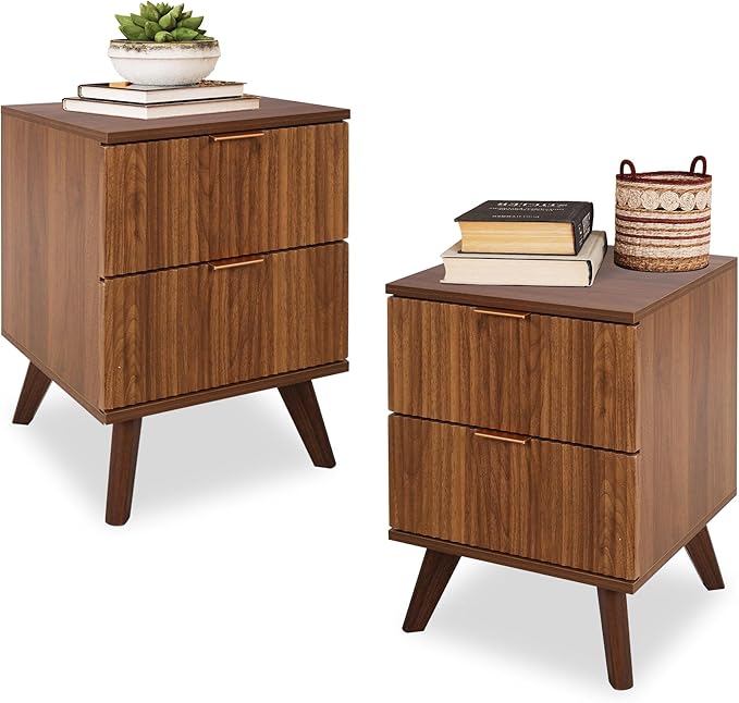 Fluted Nightstand Set of 2, Mid Century Modern 2 Drawer Dresser for Bedroom, Small Dresser Night Stand Side Table End Table with Wood Fluted Drawer Storage for Bedroom Closet(Walnut)