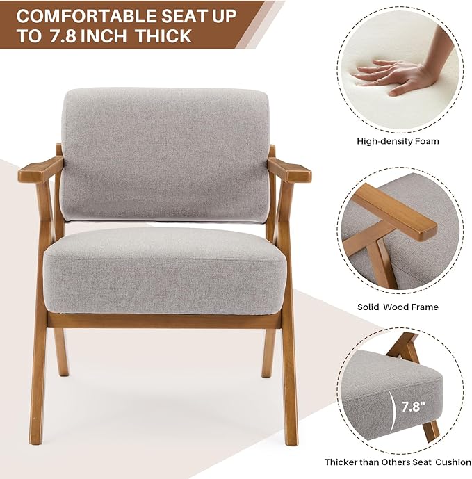 Ergonomic Mid-Century Modern Lounging Armchair | Solid Wood Frame & Plush Thickened Cushion | Versatile Seating for Living Room, Reading Nook & Balcony, Light Grey Linen