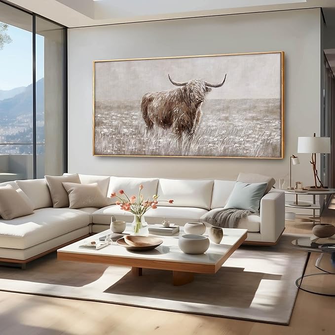 Farmhouse Highland Cow Wall Decor on Canvas with Framed Large Landscape Brown Artwork for Bedroom Living Room Office Decor 29x58 Inch