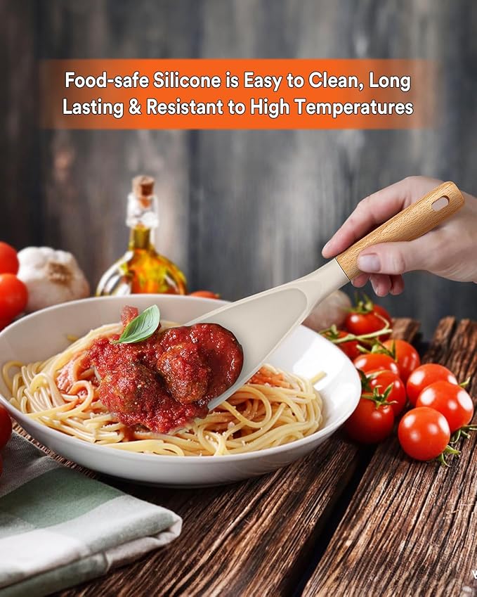 Cooking Spoon for Nonstick Cookwares, Great for Cooking and Serving Sturdy BPA-Free Matte Silicone, Wood Handle Spoon for Mixing, Scoop, and Scrape (2 Pack of Khaki, 11.4 inch)