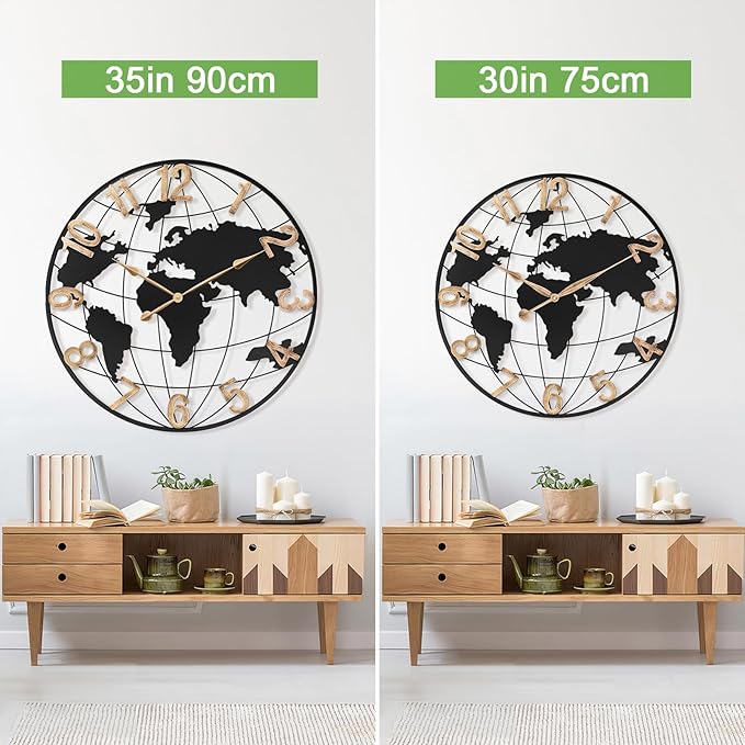36 Inch Extra Giant Oversized Black Metal Wall Clock,Large Modern Decorative Silent World Map Wall Clock with Vintage Gold Arabic Numeral for Living Room,Entrance Fireplace,Dining Room Decor