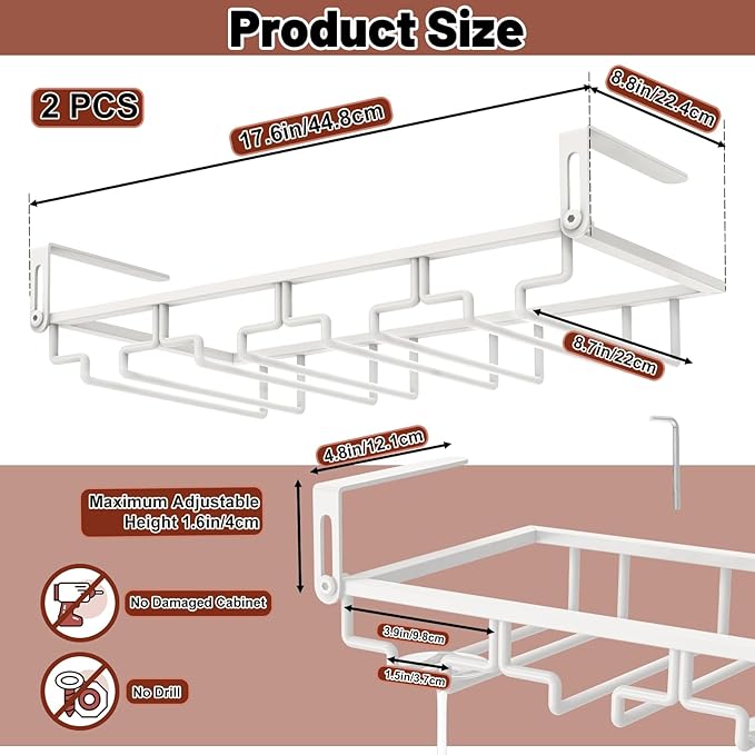 AUHOKY 2Pcs Adjustable Wine Glass Rack Under Cabinet, Punch-Free 4 Rows Stemware Wine Glass Metal Holder, Hanging Wine Glasses Storage Hanger Organizer for Shelf Kitchen Bar Decor(White, 4 Rows)