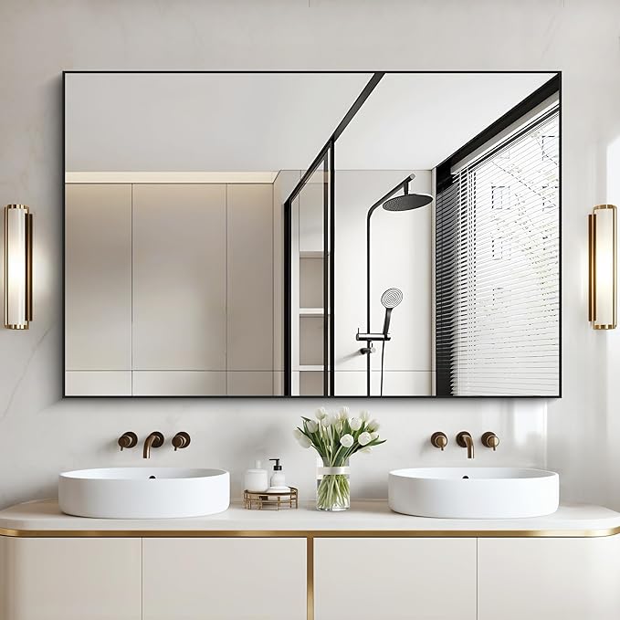 Black Bathroom Mirror for Wall, 30x50 Inch Rectangle Mirrors with Metal Frame, Modern Vanity Wall Mirror Decor for Bathroom Living Room, Entryway Hangs Horizontal or Vertical