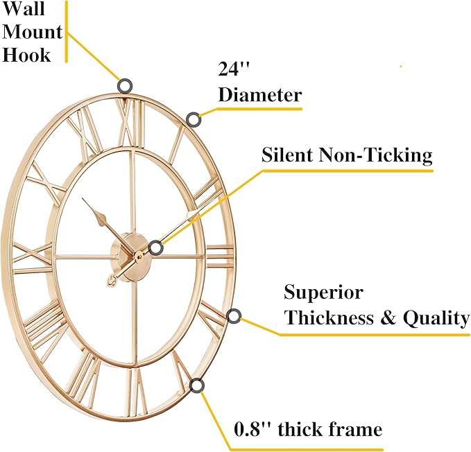 CLXEAST Champagne Gold Metal Wall Clock, Large Roman Numeral 24 Inch Wall Clocks for Living Room Decor,House Warming Gifts New Home