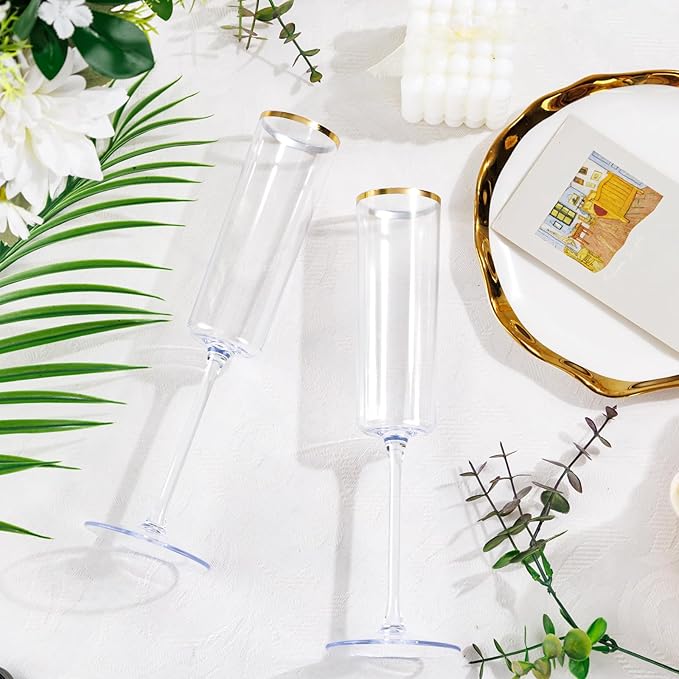 Ciaell 24 Pack Plastic Champagne Flutes - 6Oz Gold Rim Disposable Champagne Glasses - Square Clear Plastic Toasting Glasses for Party Birthday Anniversary Wedding