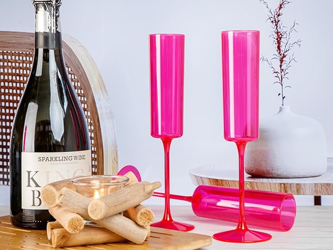 Ciaell 24 Pack Plastic Champagne Flutes - Hot Pink 6 Oz Disposable Champagne Glasses - Square Plastic Toasting Glasses for Party Birthday Anniversary Wedding