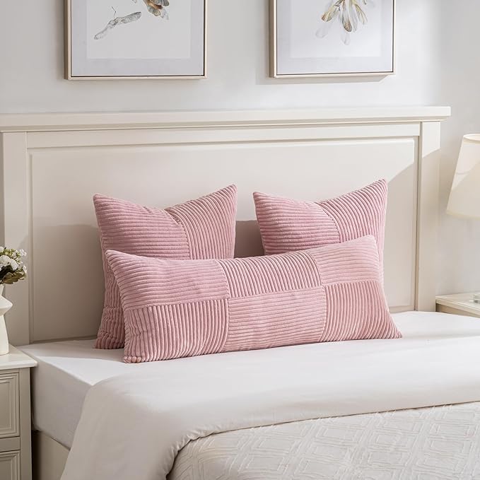 Fancy Homi 2 Packs Blush Pink Decorative Throw Pillow Covers 18x18 Inch for Living Room Couch Bed, Rustic Farmhouse Boho Home Decor, Soft Corss Corduroy Patchwork Textured Square Cushion Case 45x45 cm