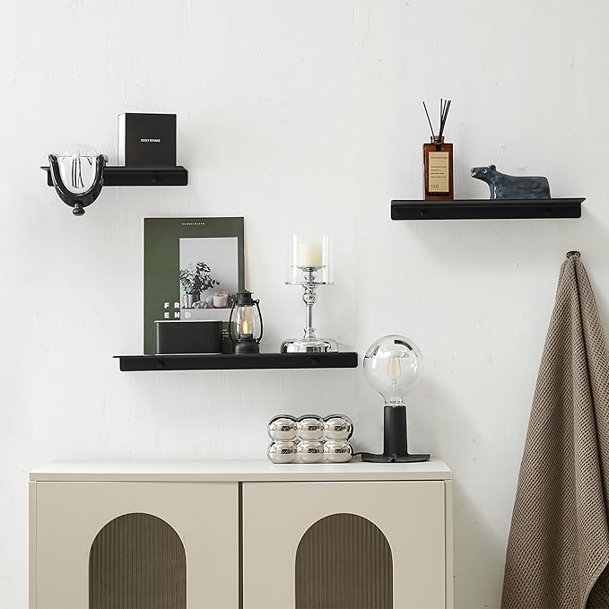 JOOM 2 PCS Small Floating Shelf, 12'' Metal Wall Shelf, Black, Bathroom, Durable, Waterproof, 5.0lbs Weight Capacity