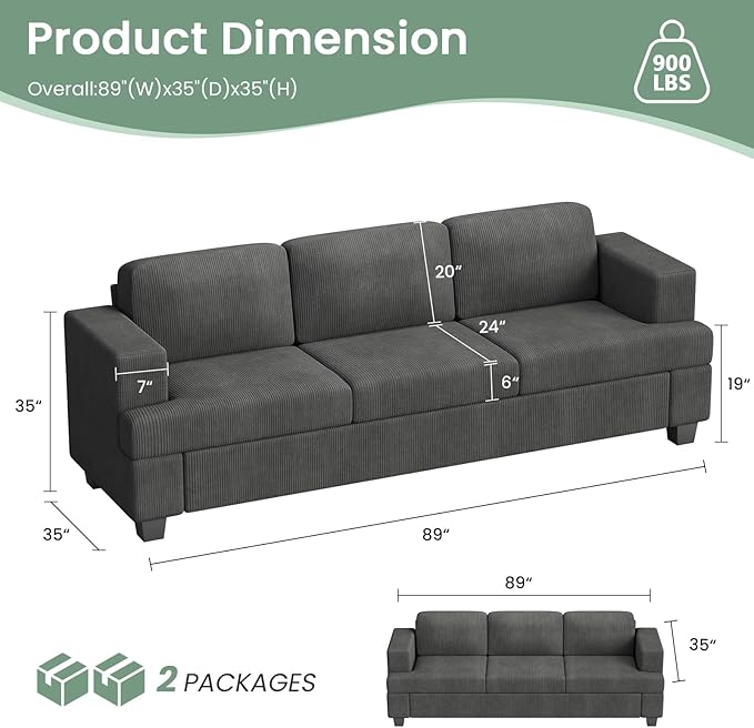 3 Seater Corduroy Couch for Living Room, 89” Black Cloud Sofa, Deep Seat Floor Couch for Bedroom, Futon Modern Sofa Sectional Bed, Black Corduroy