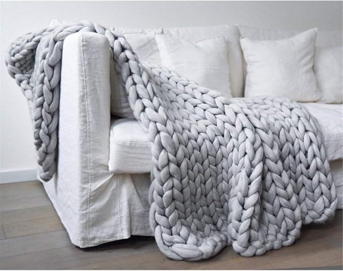 Chunky Knit Blanket Soft Handmade Knitting Throw for Bedroom Sofa Decor Super(Light Gray 60"x60")
