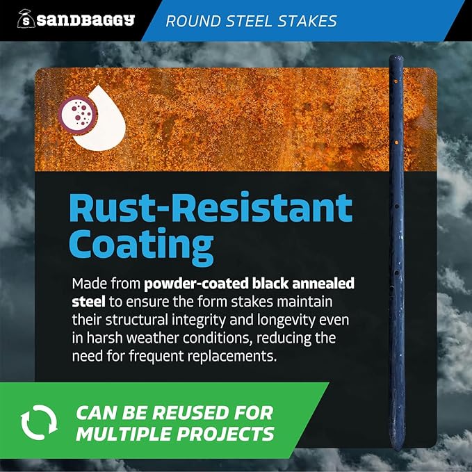 Sandbaggy Round Steel Concrete Form Stakes with Nail Holes - Rust Resistant Coating - Removable, Reusable (400, 3/4 in X 18 in)