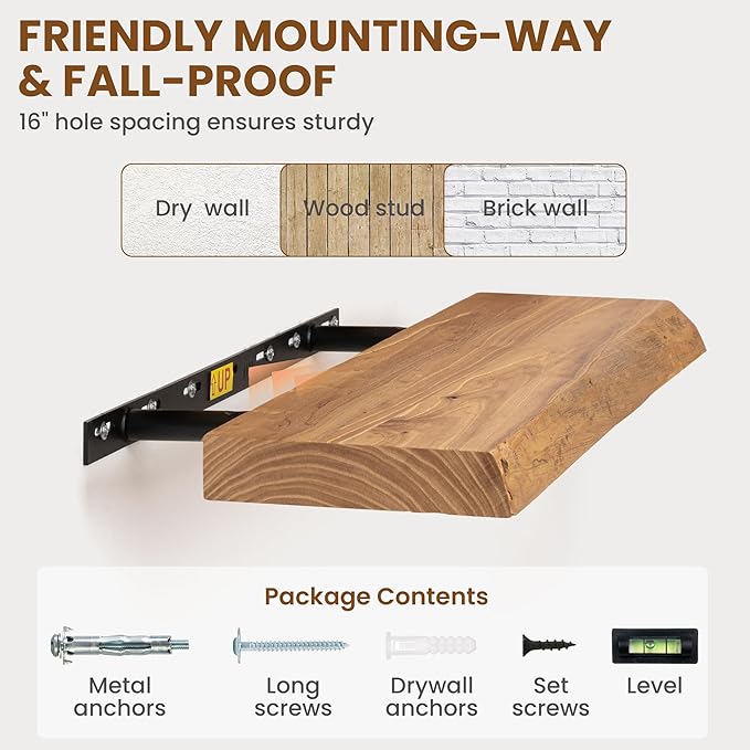 Solid Elm Wood Floating Shelves, 36 Inch Wood Floating Shelves for Wall, Live Edge Wooden Shelves Wall Mounted for Books, Bathroom, Kitchen, Natural Color, Set of 2