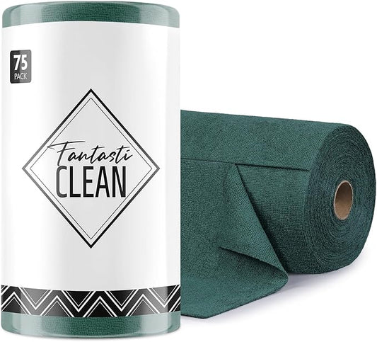 Fantasticlean Microfiber Cleaning Cloth Roll -75 Pack, Tear Away Microfiber Towels, 12" x 12", Reusable, Washable, Scratch Free, Ultra Absorbent Dish Rags for Car, Home, Garage or Shop (Forest Green)