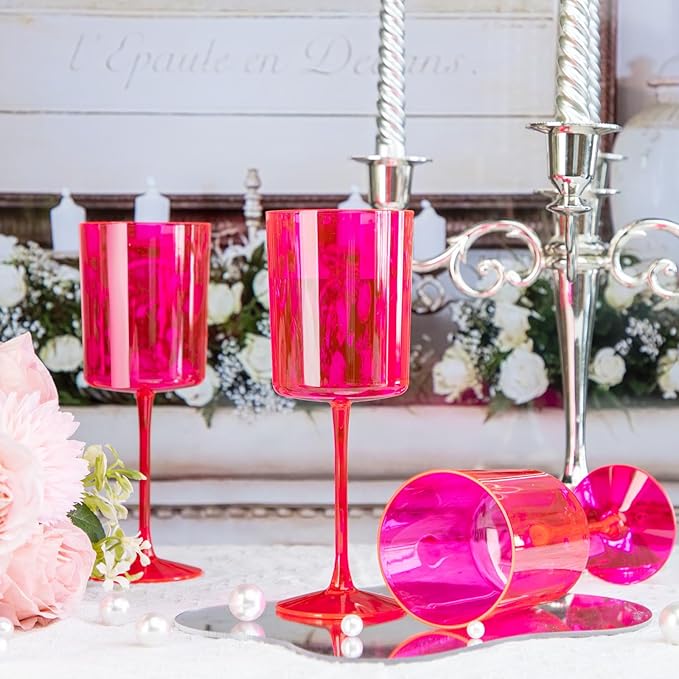 Ciaell 12 Pack Plastic Wine Glasses - 10Oz Hot Pink Plastic Wine Glasses With Stem - Disposable Stemmed Cups for Parties & Weddings