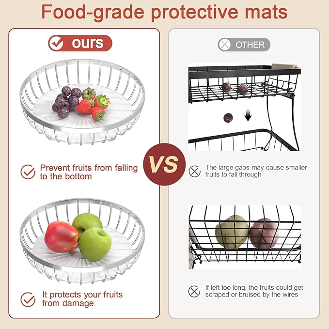 2 Tier Fruit Basket for Kitchen Counter with 2 Banana Hangers, Metal Stackable Fruit Bowl for Kitchen Counter for Bread Vegetable Fruits, Silvery
