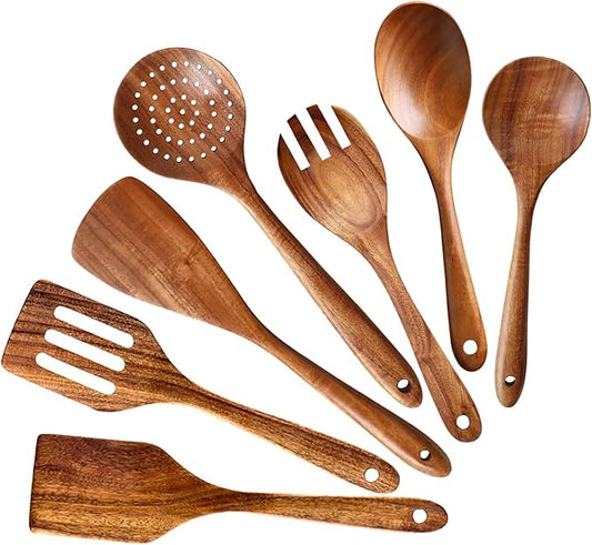 7 Pcs Acacia Wood Cooking Utensils Set Large Wooden Spoons for Cooking Spatula Salad Mixing Spoon Non Toxic Utensil for Kitchen Use Spatulas Non Stick Turner Slotted Serving Spoon Kitchen Utensils
