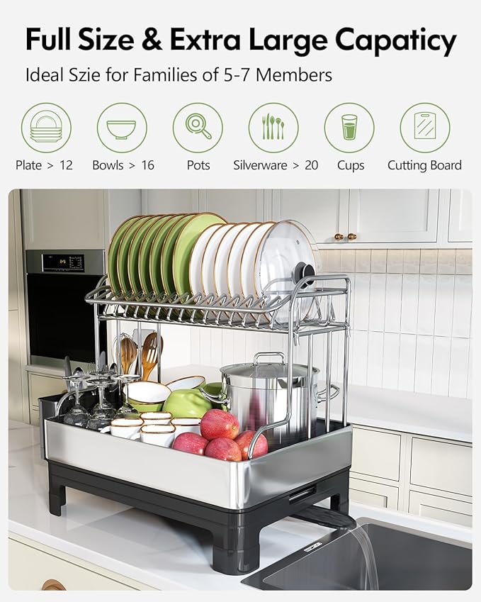 BOOSINY Extra Large Stainless Steel Dish Drying Rack, 2 Tier Dish Racks for Kitchen Counter, Dish Drainer with Drainboard Set, Full Size Dish Dryer Rack with Utensil Holder, Black