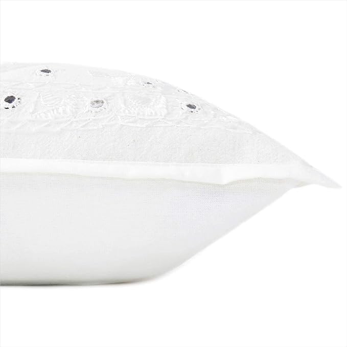 Eyes of India Embroidered Decorative Boho Throw Pillow Cover with Mirrors, Handmade Bohemian Accent Cushion Case for Sofa Couch Bedroom Living Room (White, 24" x 24")