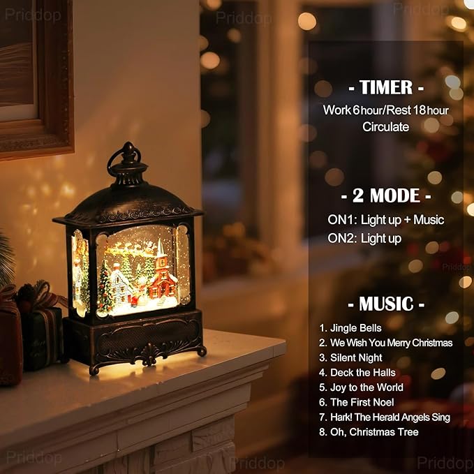 Christmas Snow Globe Lantern Christmas Decorations Gifts Snowman Santa Claus Church Village Scene Musical Glitter Snowfall USB/Battery Timer 12 inch