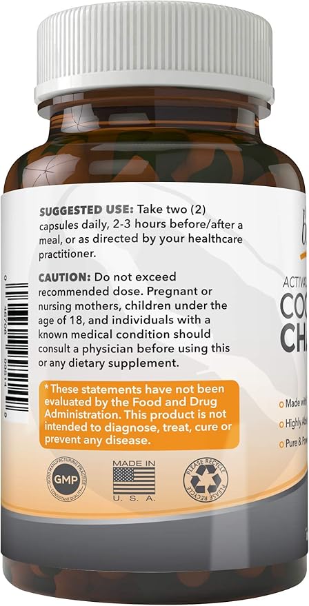 Activated Coconut Charcoal 1200mg, 180 Capsules - Pills for Digestive System, Bloating, Vegan (1bottle)