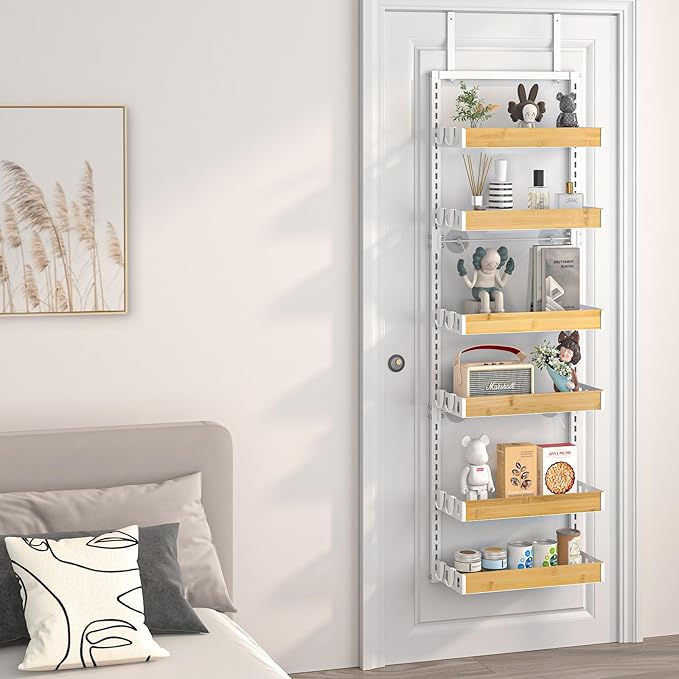 bukfen Over the Door Pantry Organizer 6-Tier Adjustable Basket Kitchen Pantry Door Organization and Storage, 2 in 1 Wall Mount or Hanging Heavy-Duty Metal Hanging Kitchen Spice Rack,White Bamboo Color
