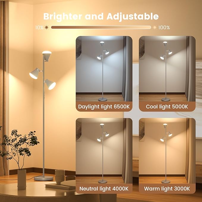 36W LED Tree Floor Lamp, Dimmable Tall Standing Lamp with Remote & Touch Control, 4 Color Temperatures Bright Floor Lamp, 3 Rotatable Light Modern Floor Lamps (Silver Gray)
