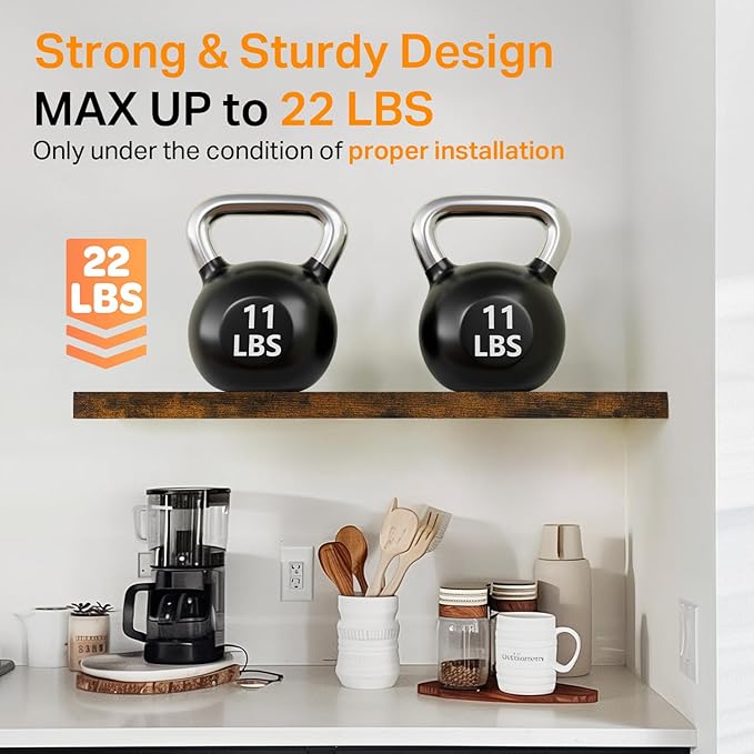 BAYKA Floating Shelves Set of 2, 22.5" Rustic Wood Wall Mounted Shelves for Bedroom, Living Room, Kitchen & Office, Hanging Display Shelf with 22 lbs Capacity (Rustic Brown)