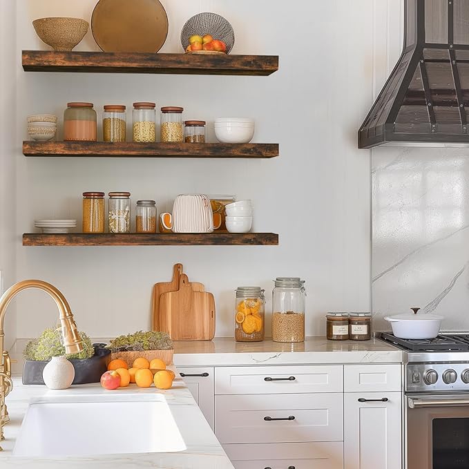 BAYKA Floating Shelves for Wall, 36 inches Wall Mounted Rustic Wood Shelves for Bathroom, Bedroom, Living Room, for Storage/Decor with 30lbs Capacity（Rustic Brown,Set of 3