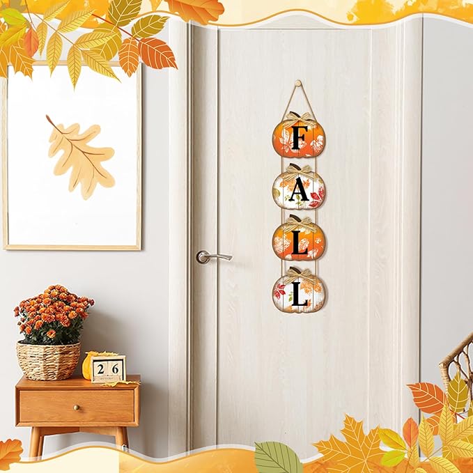 Fall Decorations for Home, Fall Pumpkin Door Sign for Front Door Decor, Autumn Maple Leaf Pumpkin Decorations Wooden Hanging Signs for Home Wall Porch Outdoor Party