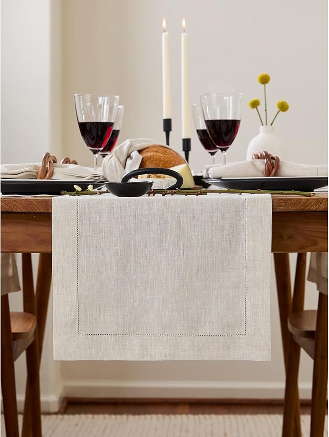 Solino Home Linen Light Natural Table Runner 60 Inches - Classic Hemstitch, 100% Pure Linen Coffee Table Runner 14 x 60 Inch Ideal for Dresser Tables - Fall, Autumn, Halloween, Thanksgiving
